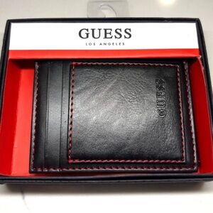 GUESS Men's Wallet | Magnetic | Premium Leather | Black/Red Stitching